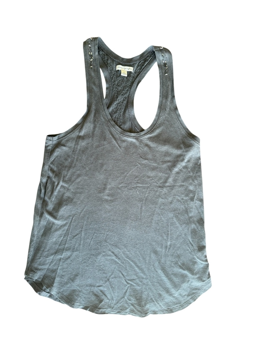 American Eagle Flowy Boho Beaded Racerback Tank Top Small Gray Unstructured Fit